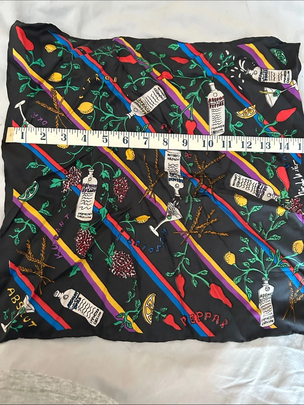 Nicole Miller vintage 1991 Black Silk Scarf with Multicolor Absolut Vodka design